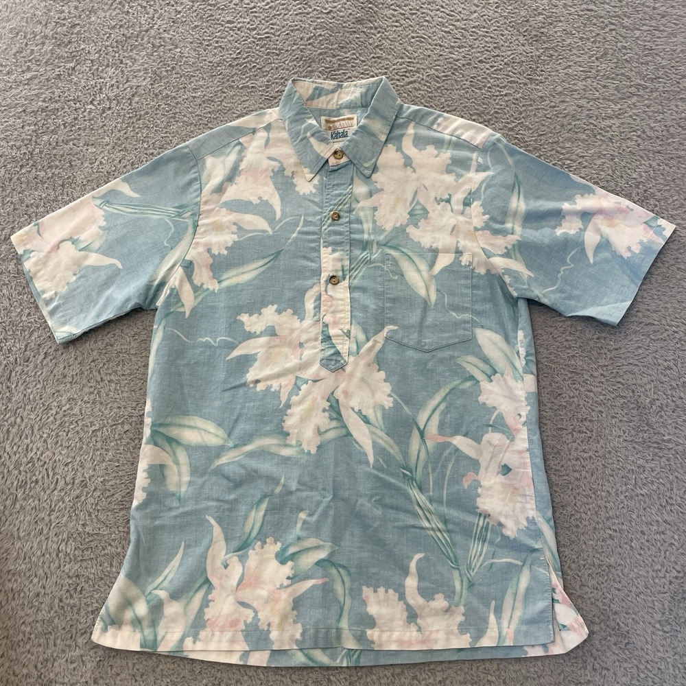 Kahala Hawaiian Popover Shirt Mens Medium Blue Reverse‎ Print Made In USA